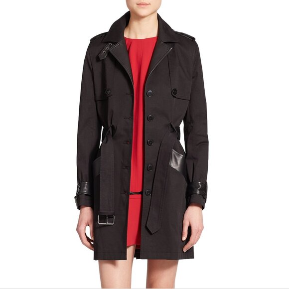 THE KOOPLES Black Leather Trim Belted Trench Coat - Picture 3 of 13